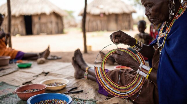 Woman crafting traditional Kenyan beadwork in rural setting for cultural expression