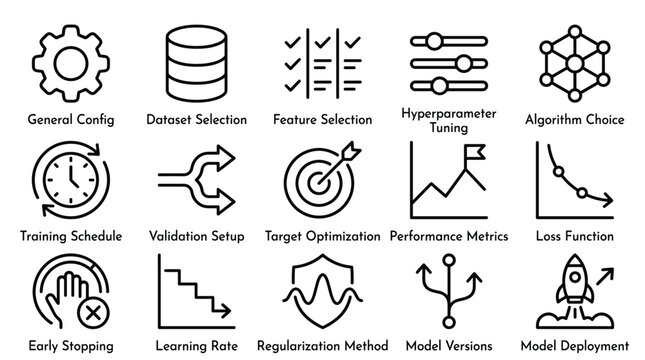 Data science and machine learning outline icon set with model lifecycle elements for technical workflow visualization and artificial intelligence reports.