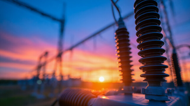 High voltage electrical insulators at a power substation during twilight, illustrating energy transmission, grid infrastructure and utility engineering