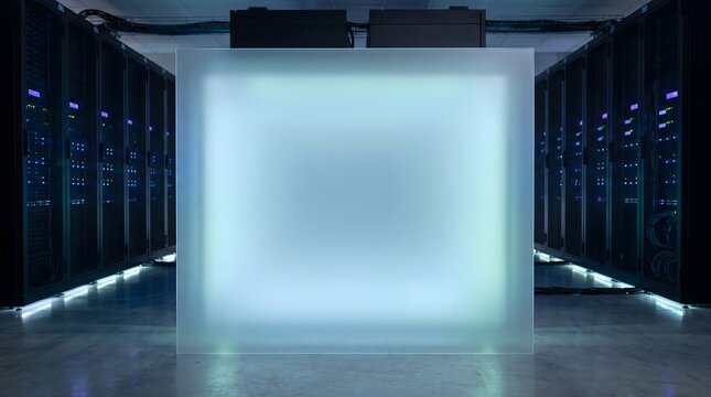 Front view of frosted screen representing digital data and cloud computing with copy space in a server room.