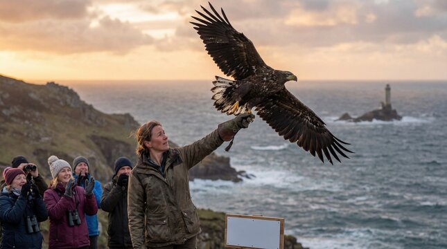 Woman releasing rehabilitated sea eagle at coastal recovery site during sunset