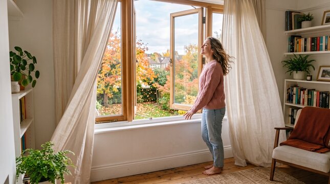 Woman enjoying fresh autumn air by opening a window in a cozy room with bookshelves and plants