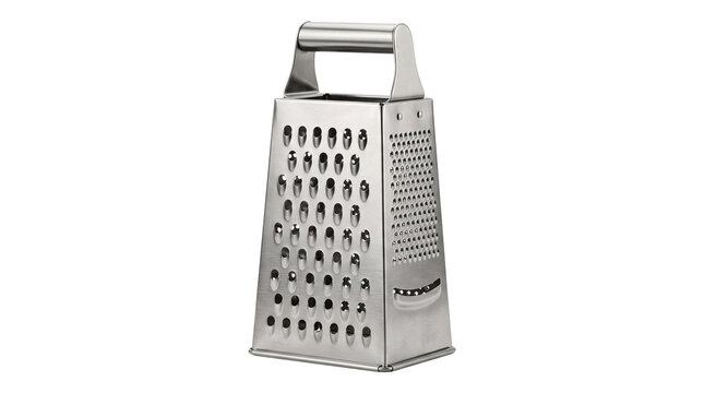 Stainless steel kitchen grater box type with four sides for grating cheese vegetables isolated transparent png.