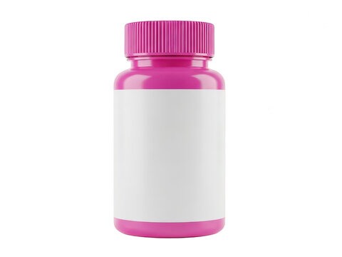Pink plastic medicine bottle with a blank label isolated on transparent background