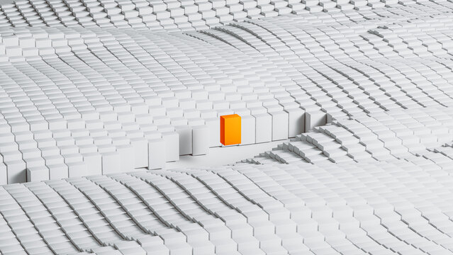 Bold Orange Cube Emerging from Uniform White Block Network