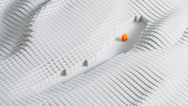 Orange Leader Cube Standing Apart in White Technology Grid