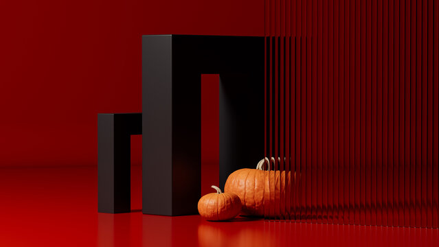 Two Pumpkins Beside Fluted Glass in Geometric Red Scene