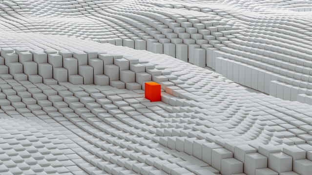 Red Orange Cube Disrupting an Abstract White Technology Grid