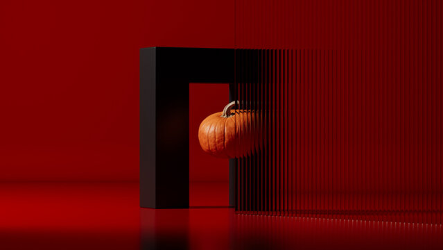 Pumpkin Distorted Through Fluted Glass on Red Background