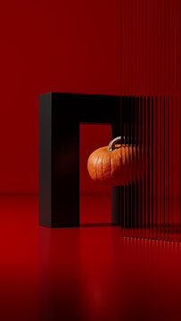 Pumpkin Behind Fluted Glass in Minimal Red Halloween Scene