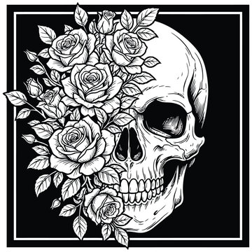 Skull and roses floral ornament presents a detailed black and white vector illustration anatomy botanical calavera caput cranial decay death design dia los muertos flower