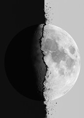 Half Moon in Dramatic Black and White with Dark Shadow © Beiqiu