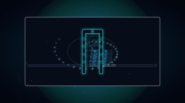 Futuristic digital interface with glowing blue lines and data graphics on dark background