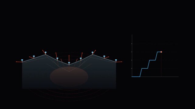 Technical diagram showing structural mechanics and wave propagation with step chart