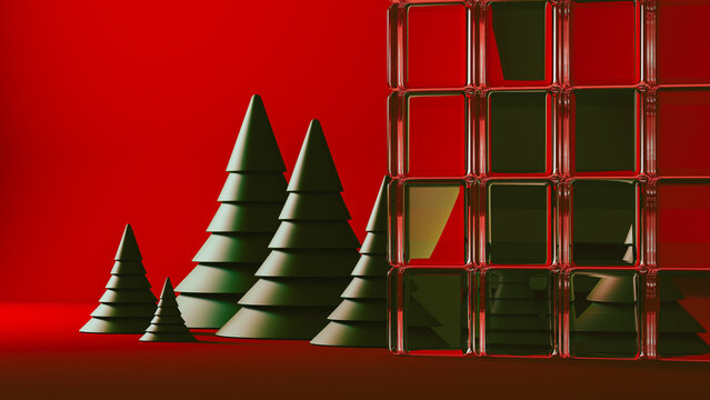 Festive Green Christmas Trees With Geometric Glass Wall