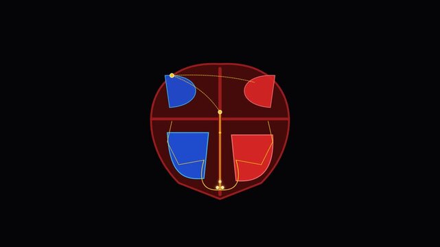Abstract geometric crest logo with red and blue shapes on dark background