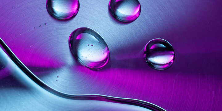 Abstract water droplet on iridescent metal tech background