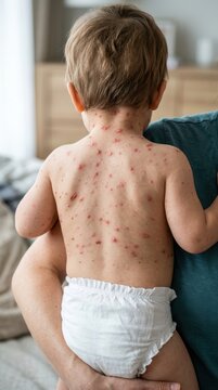 Toddler with red chickenpox spots being held by caring parent
