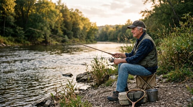 Elderly man fishing by a river in a serene natural landscape at sunset