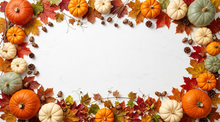 Fototapeta premium Autumn Thanksgiving Background with Pumpkins, Red Apples, Wheat Ears, and Maple Leaves Flat Lay