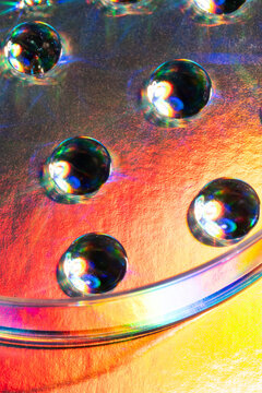 Macro petri dish with iridescent liquid droplet