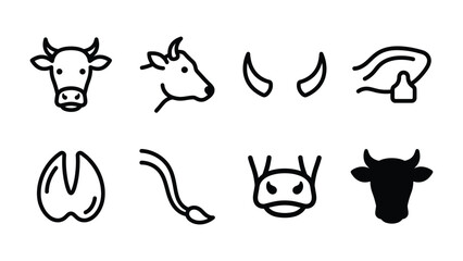Obraz premium Cow Icon Set: A collection of minimalist black and white icons representing various parts and features of a cow, including its head, horns, hoof, tail, and silhouette.