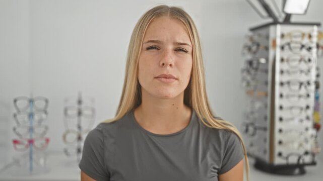 Woman squints eyes beside eyeglasses display in building while evaluating frames and fit for vision; quiet uncertainty.