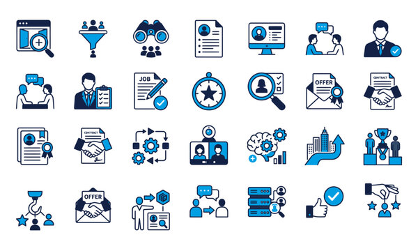 Collection of blue business icons representing recruitment human resources and corporate management