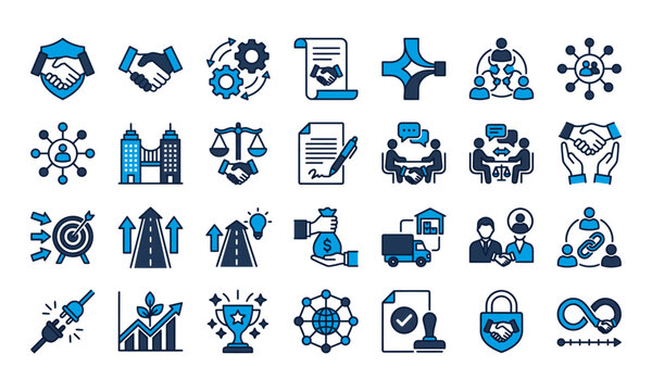 Collection of modern business and technology icons in a cool blue color scheme