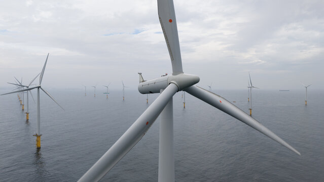 Aerial view of offshore wind farm and renewable energy