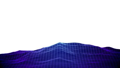 Wide retro neon cyan and blue glowing wireframe hills landscape on transparent background © swillklitch