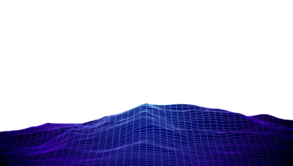 Wide retro neon cyan and blue glowing wireframe hills landscape on transparent background © swillklitch