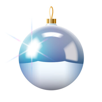 Shiny silver Christmas bauble with bright star flare and golden hanging loop