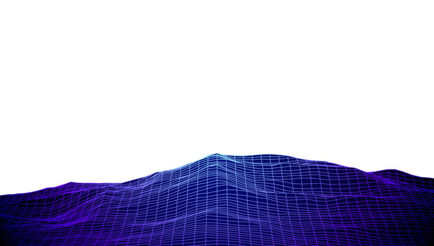 Wide retro neon cyan and blue glowing wireframe hills landscape on transparent background