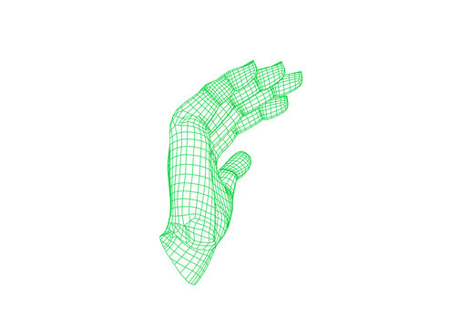 Wireframe 3d mesh of a green cupped hand symbolizing renewal and asking gesture