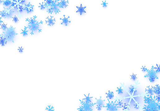 Sparse blue snowflakes decorate opposite corners for a light winter frame composition