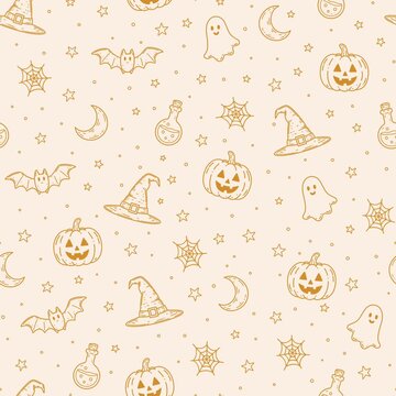 Animated Halloween Seamless Pattern with Orange Outline Pumpkin Ghost Bat Witch Hat Potion Moon and Spider Web, Diagonal Scrolling Motion