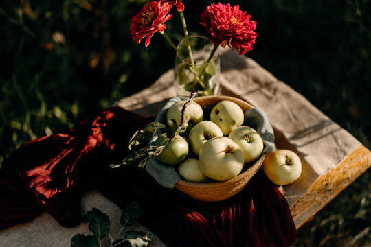 Still life of apple basket with red flowers in garden