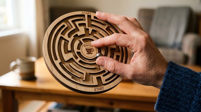 Senior person playing with a wooden circular maze puzzle at home