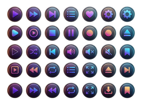 Elevate your UI/UX projects with this premium collection of 24 photorealistic 3D audio player control buttons. Arranged in a perfectly aligned 6-column &times; 4-row grid, each icon is rendered in a sleek