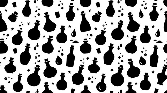 Halloween magic potion bottle silhouette vector seamless pattern