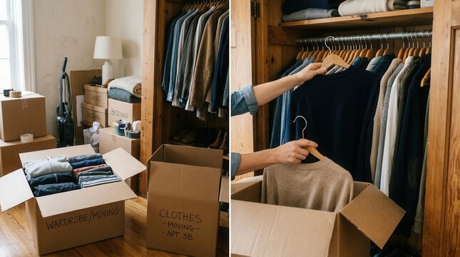 Packing clothes into boxes from a closet, preparing for a move or decluttering