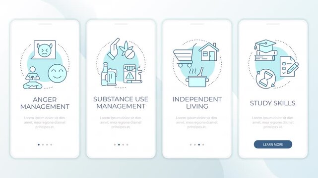 Holistic life coaching strategies animated mobile app onboarding. Building sustainable daily habits. Welcome screen UI. Carousel walkthrough animation with blue monochrome concept icons