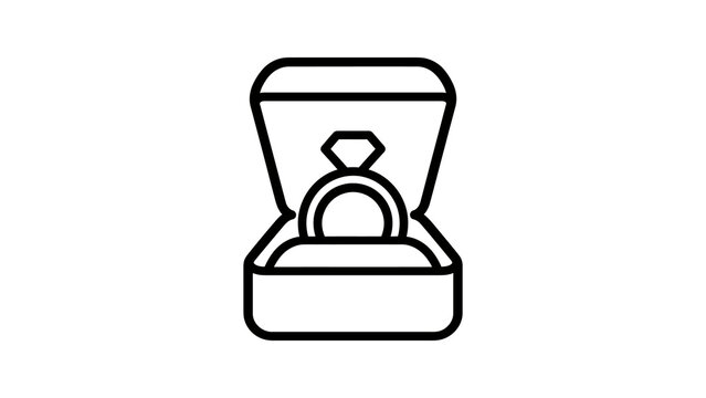 Diamond engagement ring in open box outline icon for wedding proposal.