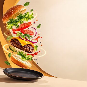 Exploded  Burger with Cheese, Lettuce, Tomato and Fresh Toppings