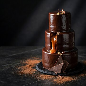 Chocolate drip cake photo with flowing caramel filling and gold leaf garnish on dark slate surface. Three tier luxury dessert for confectionery advertising and gourmet food photography.