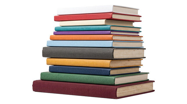 Large stack of colorful hardcover books on transparent background for library or education school theme.