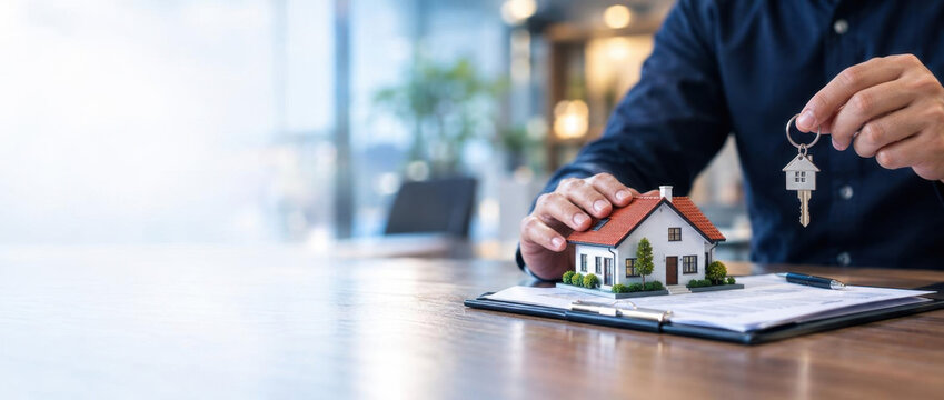 Keys to a Dream Home: A person holds a key, symbolizing ownership and the beginning of a new chapter, with a miniature house resting on a document.