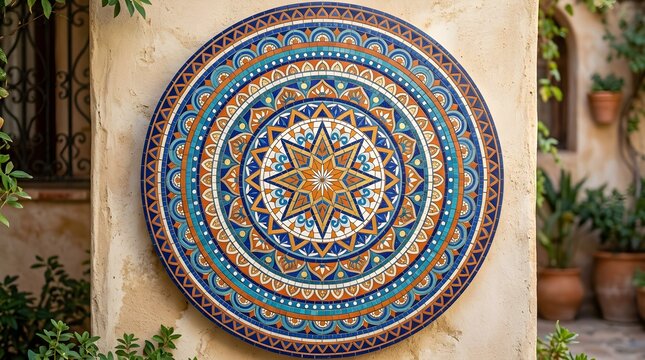 Large round decorative wall mosaic featuring blue and gold star patterns
