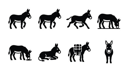 Fototapeta premium Donkey Poses Collection: A graphic collection of stylized donkey illustrations showcasing various activities including walking, running, grazing, resting, and carrying a load.